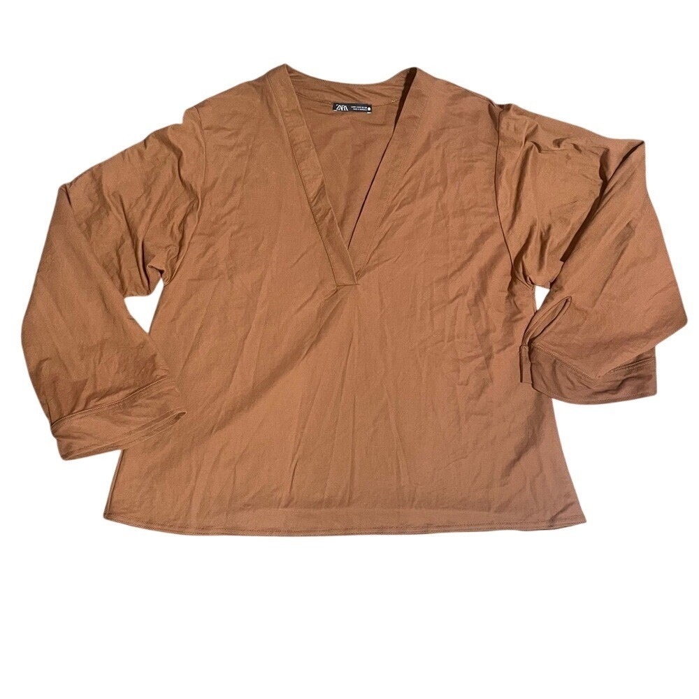Zara Womens Terracotta Brown‎ Deep V-Neck Long Sleeve Relaxed Fit Top Size M